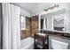 Bathroom features tile surround, modern vanity, and updated fixtures at 1421 Jasmine St, Denver, CO 80220