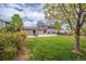 Spacious backyard with lush green lawn, patio, and mature trees providing shade at 18472 E Atlantic Dr, Aurora, CO 80013