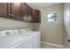 Functional laundry room featuring a side-by-side washer and dryer, neutral wall color and dark wood upper cabinets at 9592 Firenze Way, Highlands Ranch, CO 80126