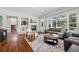 Spacious living room featuring a fireplace, hardwood floors, and an abundance of natural light at 6273 Torrey Ln, Arvada, CO 80403