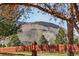 Scenic mountain view through backyard trees and wood fence at 6273 Torrey Ln, Arvada, CO 80403