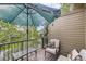 Inviting balcony space with comfortable seating, a shade umbrella and views of the lush greenery at 31058 Big Bear Dr, Evergreen, CO 80439