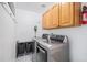 Modern laundry room with stainless steel washer and dryer, storage cabinets, and stylish tile flooring at 510 W Prestwick Way, Castle Rock, CO 80104