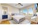 Serene main bedroom with plush bedding, large windows offering views, and stylish décor with en suite bathroom entrance at 220 High Meadows Loop, Elizabeth, CO 80107