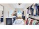 Organized walk-in closet with ample storage, a vanity, and a window with scenic views at 220 High Meadows Loop, Elizabeth, CO 80107