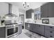 Bright kitchen featuring gray cabinets, white subway tile backsplash, and stainless steel appliances at 3083 Ash St, Denver, CO 80207