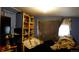 Dark bedroom with blue walls, a small window, and shelving at 3984 N Cook St, Denver, CO 80205