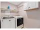 Clean laundry room features washer, dryer, shelving, and upper cabinets at 4739 Raven Run, Broomfield, CO 80023