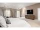Spacious main bedroom with a large TV, soft lighting, and multiple windows with curtains at 450 Steele St, Denver, CO 80206