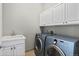 Functional laundry room with modern washer and dryer, sink, and overhead cabinets at 47 Herrn Ln, Castle Pines, CO 80108