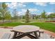 This home's backyard features a large wooden picnic table and well-manicured lawn, perfect for outdoor gatherings at 2605 Gray Wolf Loop, Broomfield, CO 80023