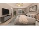 Cozy main bedroom with a ceiling fan, a view of the backyard, and stylish decor at 7501 S Ivanhoe Cir, Centennial, CO 80112