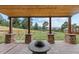 Covered patio with stone pillars, fire pit, and backyard views at 1138 County Road 65, Evergreen, CO 80439