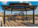 Community playground featuring shaded picnic tables and play equipment under a sunny sky at 48290 Shetland Dr, Bennett, CO 80102