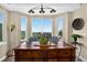Charming breakfast nook with a rustic wood table, decorative lighting, and expansive windows showcasing scenic views at 30889 Manitoba Dr, Evergreen, CO 80439