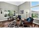 Comfortable living room with hardwood floors, plush seating, and scenic outdoor views at 30889 Manitoba Dr, Evergreen, CO 80439
