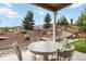 Picturesque backyard with a charming bridge, lush landscaping, and inviting outdoor seating area at 2724 Rising Moon Way, Castle Rock, CO 80109