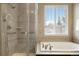 Bright bathroom showcases a walk-in shower with seat and a soaking tub beneath a large window at 2724 Rising Moon Way, Castle Rock, CO 80109