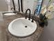 Close-up of bathroom sink with modern fixtures and decorative flower at 5800 N Tower Rd # 404, Denver, CO 80249