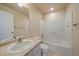 Clean bathroom with a shower/tub combo and vanity at 23541 E Portland Way, Aurora, CO 80016