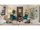 This living room has two blue armchairs, a brick fireplace, and sliding glass doors leading to the outside at 7238 W Cedar Cir, Lakewood, CO 80226