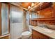 Bathroom featuring a shower stall, toilet, vanity, and a large mirror at 8409 S Otis St, Littleton, CO 80128