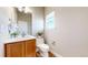Well-lit half bathroom featuring wood-style tile flooring, modern fixtures, and a decorative houseplant at 12701 Strawberry Cir, Longmont, CO 80503