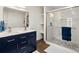 Modern bathroom with double sinks, navy blue vanity, updated lighting and walk-in shower at 43 Falcon Hills Dr, Highlands Ranch, CO 80126