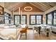 Bright eat-in kitchen featuring custom lighting, brick accent wall, and stylish countertops with seating at 3309 E 7Th Ave Pkwy, Denver, CO 80206