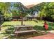 This lovely backyard features lush green grass, mature trees, a picnic table, and a cozy chiminea for outdoor enjoyment at 12175 Birch St, Thornton, CO 80241