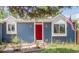 Inviting home exterior featuring a bright red front door and well-maintained landscaping at 12175 Birch St, Thornton, CO 80241