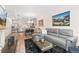 Open-concept living area features modern decor, stainless steel appliances, and a comfortable gray sofa on wood-look flooring at 5745 S Buchanan Ct # C, Aurora, CO 80016