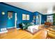 Stylish living room featuring hardwood floors, green sofa, and blue walls at 2240 S Clermont St, Denver, CO 80222