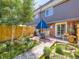 Serene backyard patio with dining set, lush landscaping, and a privacy fence, perfect for outdoor entertaining at 5525 S Lowell Blvd, Littleton, CO 80123