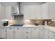 Gourmet kitchen featuring stainless steel appliances, white cabinets, granite countertops, and decorative tile backsplash at 8501 S Rome Way, Aurora, CO 80016