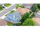 Overhead view of a charming backyard oasis with a covered patio, green lawn, and lush trees shading the backyard at 6888 Howell St, Arvada, CO 80004