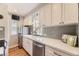 Modern kitchen featuring white cabinets, subway tile backsplash, and stainless steel appliances at 1640 Pontiac St, Denver, CO 80220