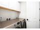 Efficient laundry room with new side-by-side machines, white cabinets and wood shelving at 3320 Yukon Ct, Wheat Ridge, CO 80033