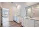 Modern bathroom featuring double sinks, granite countertops and tile shower at 15286 Fillmore St, Thornton, CO 80602