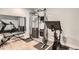 Basement gym with exercise bike, weight machine, bench and a mirror at 4526 Colorado River Dr, Firestone, CO 80504