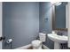 Tasteful powder room with pedestal sink, mirror, and modern fixtures at 3061 Low Meadow Blvd, Castle Rock, CO 80109