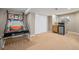 Finished basement area featuring a wet bar, carpeted floor, and recreational equipment at 5224 Snow Goose St, Brighton, CO 80601