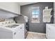 Functional laundry room features modern washer/dryer, gray walls, and ample storage shelving at 5224 Snow Goose St, Brighton, CO 80601