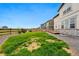 Landscaped backyard with gravel, green grass, wooden fence and houses in the background at 5779 Piney River Pl, Brighton, CO 80601