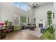 Bright living room featuring high ceilings, a fireplace, large windows, and hardwood floors at 5984 S Paris Pl, Greenwood Village, CO 80111