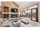 Inviting living room with fireplace, wood accents, and large windows offering scenic views at 33448 Alta Vista Dr, Evergreen, CO 80439