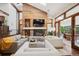 Cozy living room boasts a wood-paneled fireplace, skylights, and a comfortable seating area at 33448 Alta Vista Dr, Evergreen, CO 80439