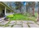 Backyard featuring a patio, lush lawn, and mature trees at 18470 Canterbury Dr, Monument, CO 80132