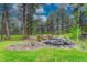 Picturesque backyard with lush greenery, mature trees, and a rock-lined pond at 18470 Canterbury Dr, Monument, CO 80132