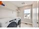Functional laundry room with modern appliances, storage shelf, and a window offering natural light at 2653 W 69Th Dr, Denver, CO 80221